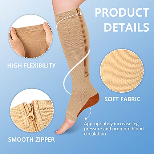 4 Pares Calcetines de Compresión de Nylon con Cremallera Medias de Compresión con Punta Abierta Medias Altas Opacas Calcetines con Soporte de Rodilla Pantorrillas para Mujer Hombre