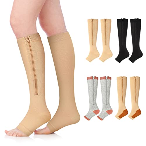 4 Pares Calcetines de Compresión de Nylon con Cremallera Medias de Compresión con Punta Abierta Medias Altas Opacas Calcetines con Soporte de Rodilla Pantorrillas para Mujer Hombre