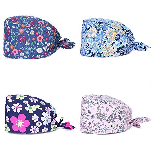 4 Piezas Gorro Quirúrgico Algodón Lindo Impresión Doctor Enfermera Sombrero Quirófano Quimio Sombrero para Mujeres Hombres (con Botones)-B