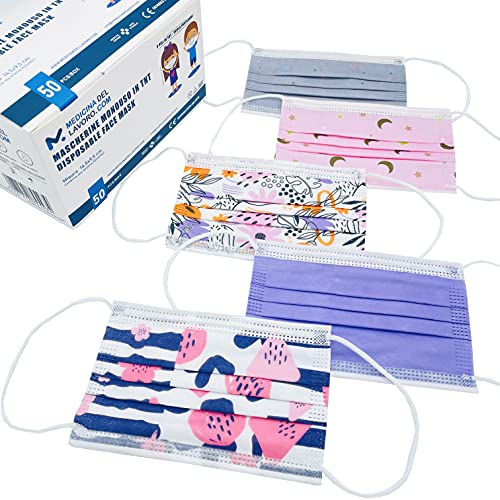 50 Mascarillas Quirúrgicas Desechables para Niños, Certificado CE, Alta Eficiencia de Filtración BFE≥95, Mascarillas Homologadas Faciales de 3 Capas con Elásticos - [50 Piezas]