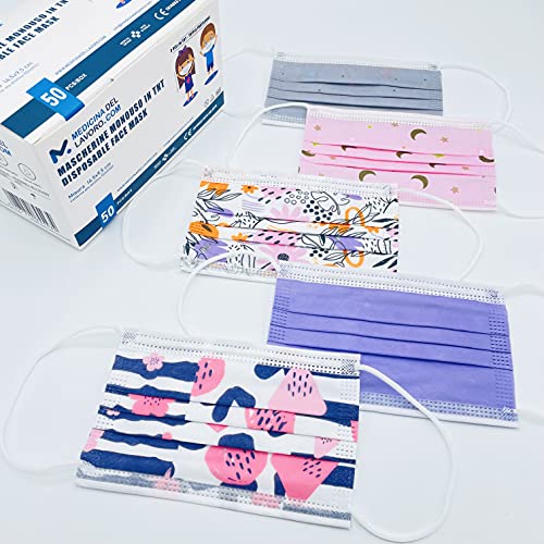 50 Mascarillas Quirúrgicas Desechables para Niños, Certificado CE, Alta Eficiencia de Filtración BFE≥95, Mascarillas Homologadas Faciales de 3 Capas con Elásticos - [50 Piezas]