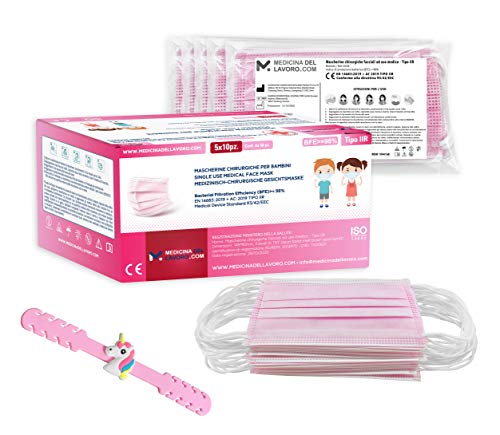 50 Mascarillas Quirúrgicas Homologadas Rosa para Niños, Certificado CE Tipo IIR, Alta Eficiencia de Filtración BFE≥98, Mascarillas Infantiles Desechables Faciales de 3 Capas con Elásticos - [50 Pzas]