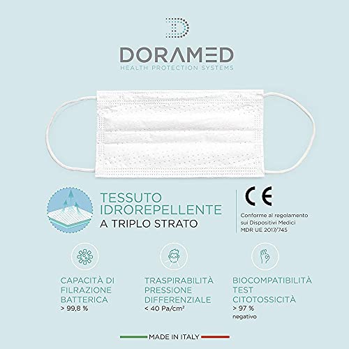 50 Mascarillas Quirúrgicas Italianas de Certificación CE, Tipo II de Eficacia de Filtración BFE≥99.8, Mascarillas Faciales Desechables Homologadas de 3 Capas con Elásticos, Mascarilla Blanca [50 Pzas]