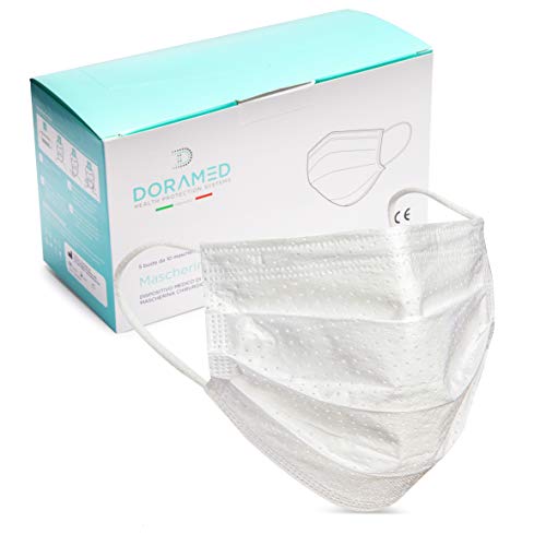 50 Mascarillas Quirúrgicas Italianas de Certificación CE, Tipo II de Eficacia de Filtración BFE≥99.8, Mascarillas Faciales Desechables Homologadas de 3 Capas con Elásticos, Mascarilla Blanca [50 Pzas]