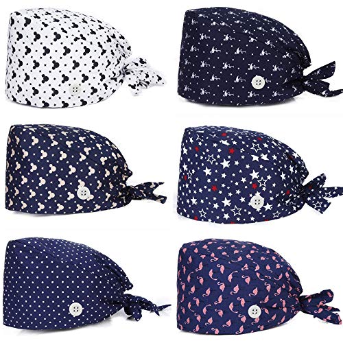 6 Piezas Gorro Quirúrgico Algodón Lindo Impresión Doctor Enfermera Sombrero Quirófano Quimio Sombrero para Mujeres Hombres (con Botones)-B