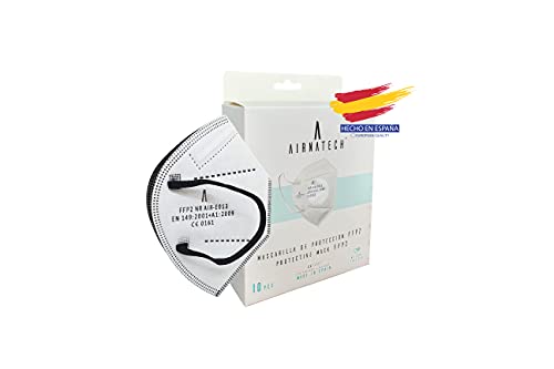 A AIRNATECH Mascarilla Protectora FFP2 NR Blanca y Negra (Diamond) - 10 Unidades - Fabricada en España - Certificado CE 0161 EN149:2001+A1:2009. 5 capas Spundbond, Melt-blown, High Fiber Cotton