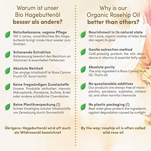 Aceite de Rosa Mosqueta Puro ORGÁNICO Vegano Prensado en Frío 50ml - Serum Facial de Rosa Silvestre con Vitamina E,C,A+Omega 3 – Usar como Crema Hidratante Facial Mujer - Piel Suave, Pelo+Uñas Sanas