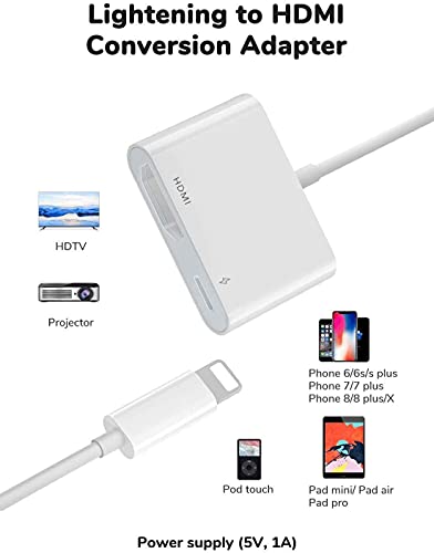 Adaptador HDMI para iPhone a TV, YEHUA Adaptador AV 1080P Digital para iPad,Conexión HDMI para iPhone a TV/Monitor/Proyector (se Necesita Fuente de Alimentación)