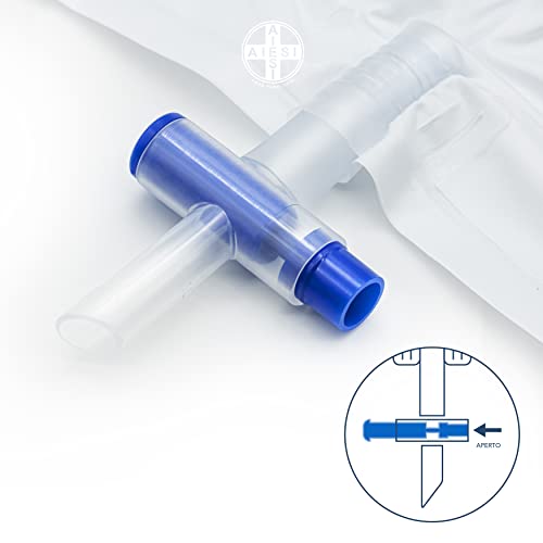 AIESI® Bolsas de orina de 2 litros Tubo 120 cm con Grifo de Descarga Cruzado (T) y válvula antirreflujo HOSPIDRAIN (Paquete de 25 Piezas)