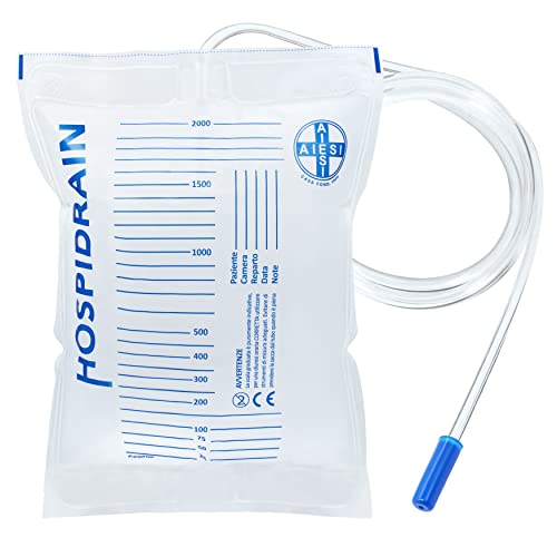 AIESI® Bolsas de orina de 2 litros tubo 120 cm sin descarga desechables HOSPIDRAIN (Paquete de 25 piezas)