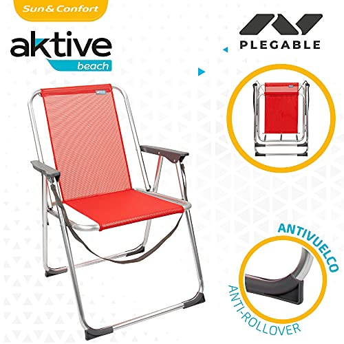 Aktive 53967 - Silla plegable, Silla de playa, mide 53x44x76 cm, color rojo, peso máx 100 kg, Silla resistente, tacos antivuelco, asa de transporte, Silla fija, Aktive Beach