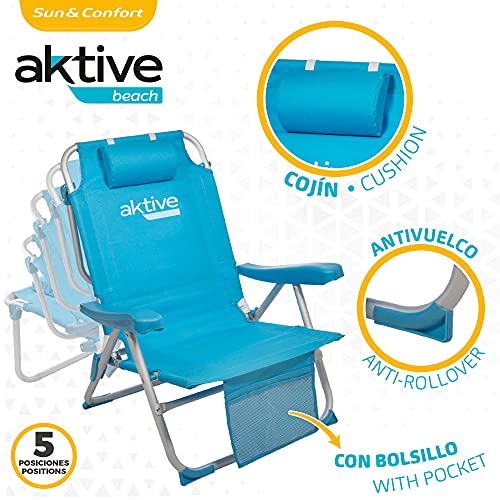 Aktive 53983 - Silla plegable de playa, Silla con cojín, Silla plegable tipo mochila, respaldo reclinable, mide 66x58x80 cm, con dos bolsillos, color azul pastel, Aktive Beach