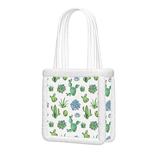 ALALAL Lindo bolso de mano Cactus y suculentas Acuarela de patrones sin fisuras Bolsos de hombro para mujer Bolso de trabajo suave y esponjoso de felpa reutilizable para viajes de trabajo y compras