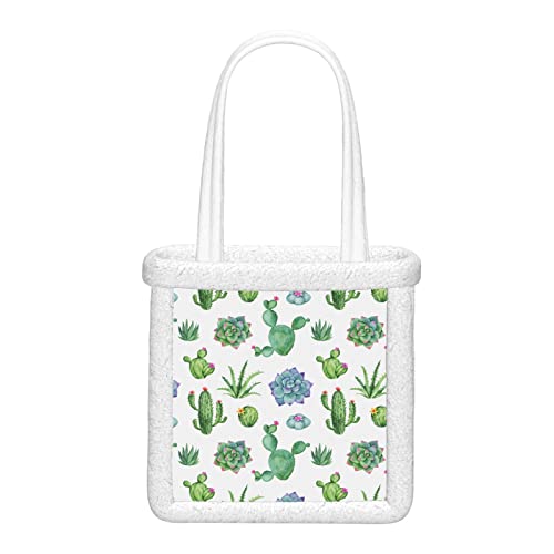 ALALAL Lindo bolso de mano Cactus y suculentas Acuarela de patrones sin fisuras Bolsos de hombro para mujer Bolso de trabajo suave y esponjoso de felpa reutilizable para viajes de trabajo y compras