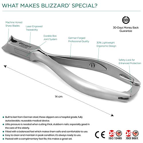 Alicate Cortauñas Blizzard - 13.5 cm, Corte Luna Uñas Gruesas - Acero Inoxidable Forjado Alemán - Pedicura Podología Profesional