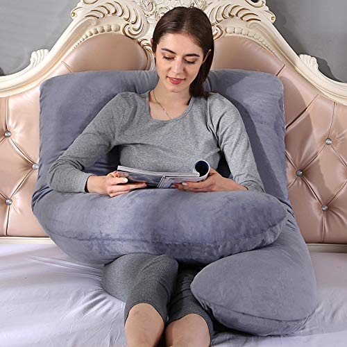 Almohada de embarazo, almohada de cuerpo completo con forma de U grande, 100% algodón con funda de terciopelo reemplazable y lavable para dormir y alimentar, 70 x 145 cm gris (Gris)