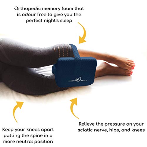 Almohada para las rodillas (azul marino) desarrollada por doctores - Cuña ortopédica viscoelástica para dormir de lado, ciática, dolor de espalda baja - Almohada para piernas - Manual incluido