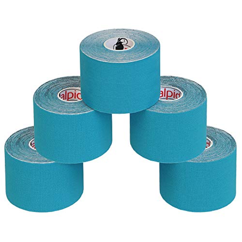 ALPIDEX 5 Rollos Cinta Kinesiología Tape 5 m x 5 cm Cinta Muscular E- Book Ejemplos Aplicación, Color:azul claro