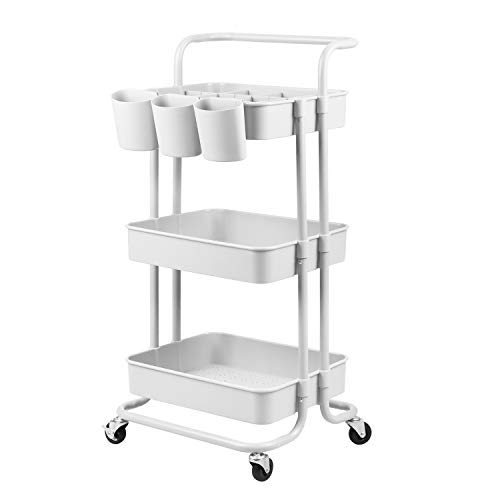 alvorog Carrito Auxiliar con 3 Niveles, Carrito de Cocina con Bloquear Ruedas y Asa Desmontable, Montaje Fácil, Carro de Almacenamiento Multifuncional para Cocina, Baño, Oficina - Blanco