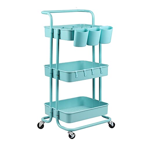 alvorog Carrito de Cocina de 3 Niveles con Ruedas, Carro de Almacenaje con Asa, Carrito Auxiliar Multifuncional para Baño, Cocina, Oficina, Salón & SPA - Azul