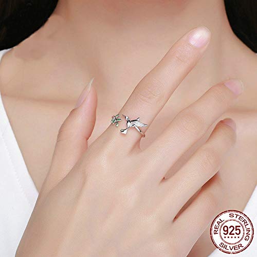 Anillo de plata de ley S925 con diseño de colibrí abierto para mujer, niña, con circonita cúbica