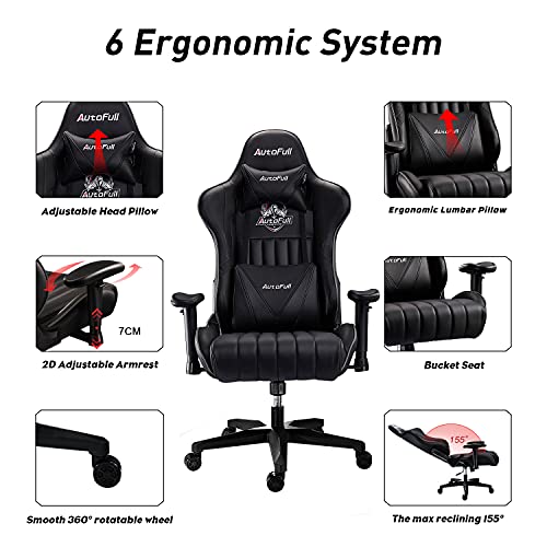 AutoFull Silla Gaming Ergonómica Silla de Oficina Silla Gamer Cuero de PU Silla de Escritorio,Altura e inclinación Ajustables,Reposacabezas y Soporte Lumbar,Negro (garantía de Tres años)