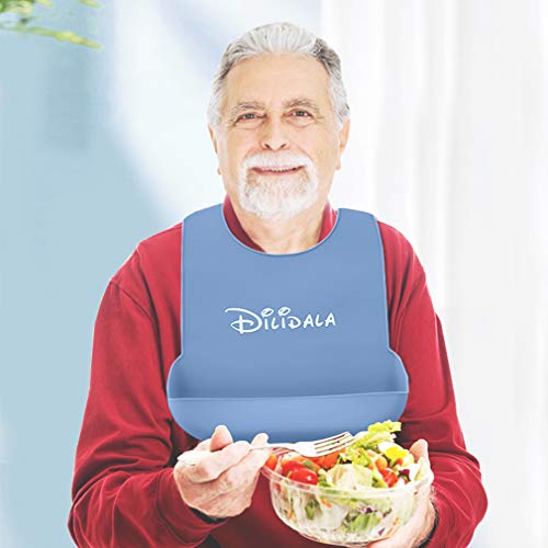 Babero Adulto,baberos para adultos con recogedor de migas,impermeable,lavable,protector de ropa para la hora de la comida,delantal de ayuda para adultos para personas mayores, pacientes y adultos Azul