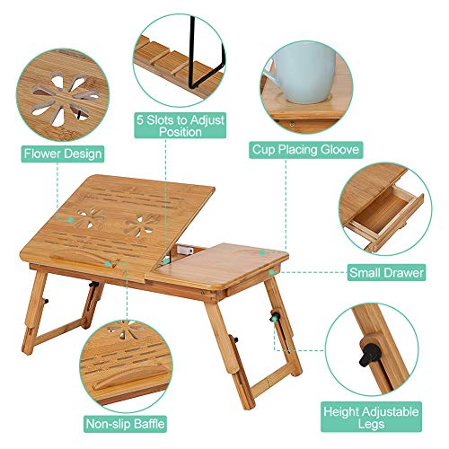 Bandeja de cama, bandeja de cama, mesa para ordenador portátil, de bambú, soporte para portátil, 1 unidad, estantería de bambú ajustable con pequeño cajón para usar en la cama o el sofá