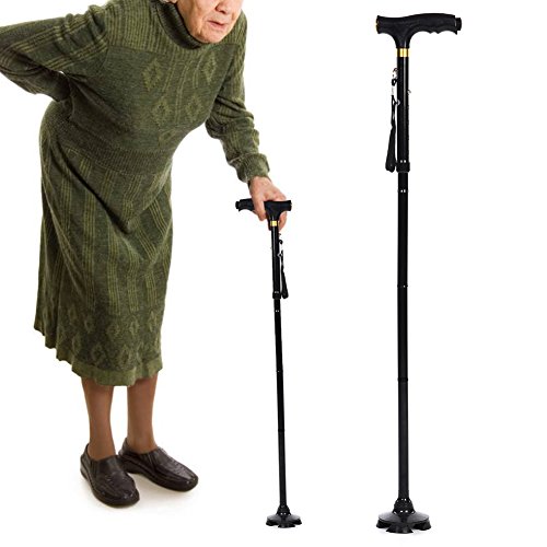 Bastón Plegable Ajustable, Palo que Sube del Bastón que Camina de La Aleación de Aluminio con La Luz Llevada, Para el Viejo Hombre y Mujeres (negro)