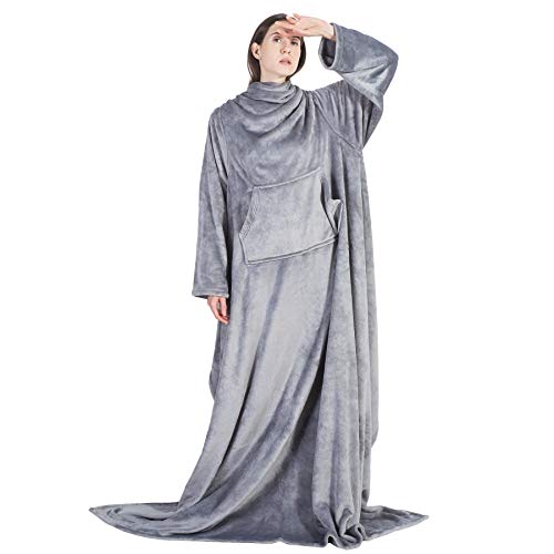 Bedsure Batamanta Mujer Polar Invierno - Bata Manta Hombre para Sofa, Manta con Mangas con Bolsillo Frontal, Hoodie Blanket de Tejido Felpa Suave y Acogedor, Gris, 170x200cm