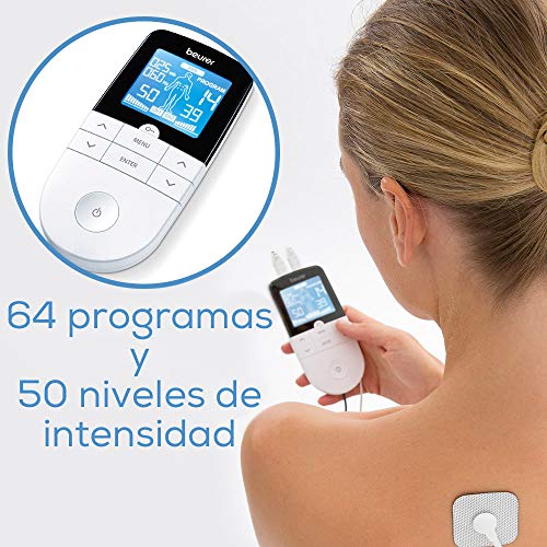 Beurer EM 49 TENS/EMS digital, dispositivo de corriente de estimulación 3 en 1 para el alivio del dolor y entrenamiento a través de la estimulación eléctrica, función de masaje, incluye 4 electrodos