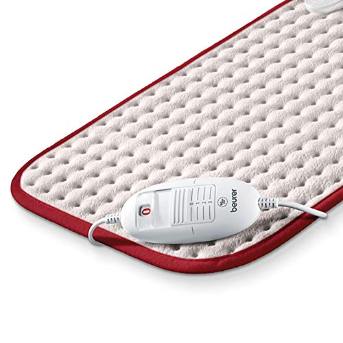 Beurer HK Comfort Almohadilla eléctrica térmica, transpirable, tacto suave, calentamiento ultrarápido, apagado automático 90 minutos, 3 potencias, display iluminado, 40x33 cm, blanca borde rojo