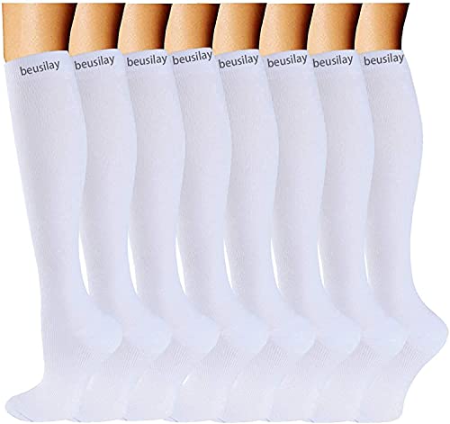beusilay 8 Pares Calcetines De Compresión Para Mujeres Y Hombres- Ideal Para Médicos, Circulación Y Recuperación, Enfermería, Viajes Y Vuelo, Correr Y Fitness (15-20 mmHg), blanco, L-XL