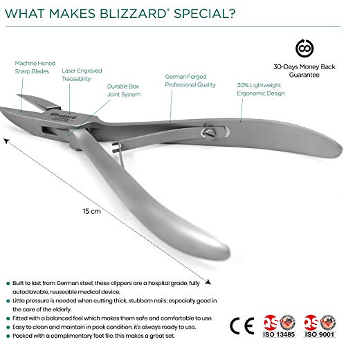Blizzard Podología Cortauñas Punta Fina Uña Encarnada Cortador Tijeras para Pies - Instrumento Cortador Pedicura Profesional - 15cm Alemán Inoxidable Alicates Pedicura - Herramienta de Cuidado de Pies con Aparador de Uñas Gratis de Regalo