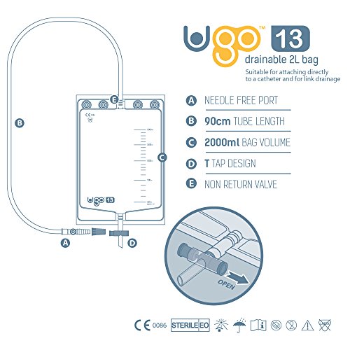 Bolsas de Noche de 2L Ugo (x10) - Bolsas de Drenaje de Orina/Bolsas Nocturnas de Catéter, T Tap o Lever Tap con Conexión Libre de Pliegues (Paquete de 10) (Ugo 13 - T Tap (Drenaje Continuo), Estéril)