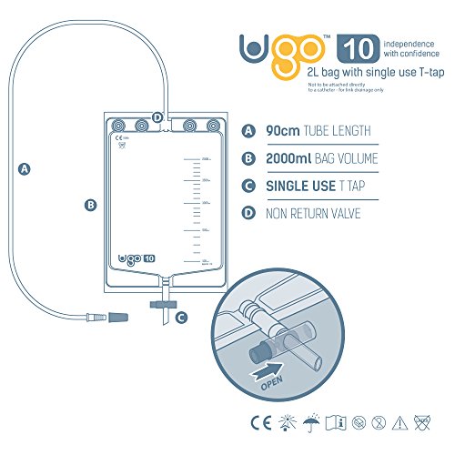Bolsas de Noche de 2L Ugo (x10) - Bolsas de Drenaje de Orina/Bolsas Nocturnas de Catéter, T Tap o Lever Tap (Paquete de 10) (Ugo 10 - Grifo en T De Un Solo Uso, No Estéril)