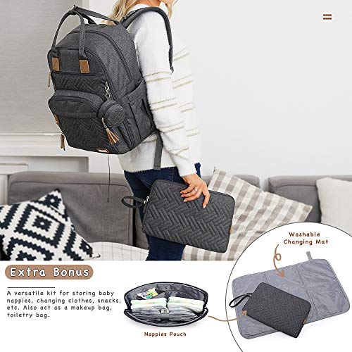 Bolso Cambiador para Bebés iniuniu, Mochilas para Pañales con Bolsa para el Pañal para Cochecito, Esterilla para Cambiar Lavable, Estuche para Chupetes, para Mamá y Papá, Gris Oscuro