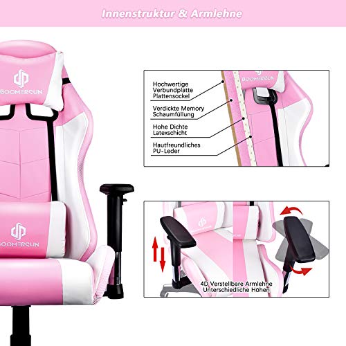 Boomersun Silla de gaming, silla de oficina ergonómica, giratoria, silla de PC, con función basculante, ángulo de inclinación ajustable, reposabrazos ajustable (rosa, con luz LED)