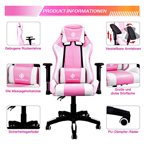 Boomersun Silla de gaming, silla de oficina ergonómica, giratoria, silla de PC, con función basculante, ángulo de inclinación ajustable, reposabrazos ajustable (rosa, con luz LED)