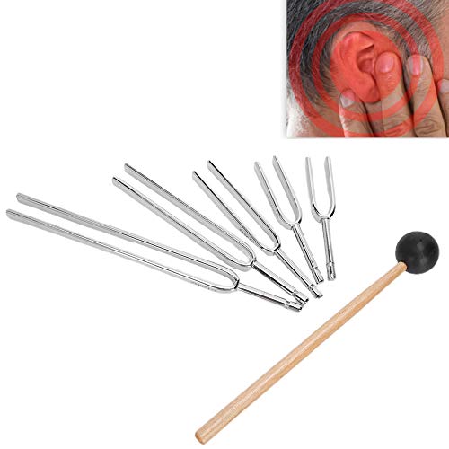 Brrnoo Juego de diapasón, 5PCS 128HZ + 256HZ + 512HZ + 1024HZ + 2048HZ Horquilla afinación médica Prueba audición Aleación de Aluminio Tenedor de energía de afinación con Golpe Martillo