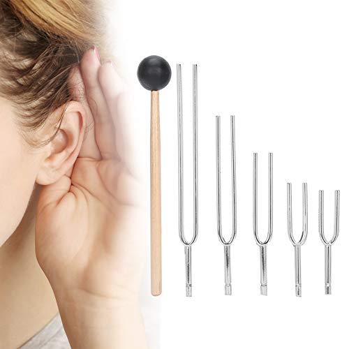 Brrnoo Juego de diapasón, 5PCS 128HZ + 256HZ + 512HZ + 1024HZ + 2048HZ Horquilla afinación médica Prueba audición Aleación de Aluminio Tenedor de energía de afinación con Golpe Martillo