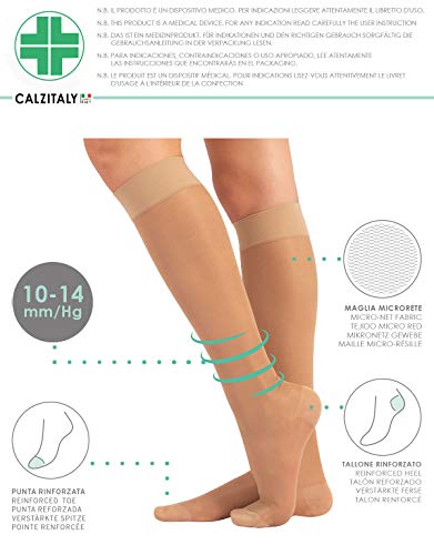 CALZITALY Calcetines Medicos | Medias Hasta La Rodilla A Compresión Graduada Media | 70 Den 10-14mm/Hg | Calcetería Italiana | (L-XL, Natural)