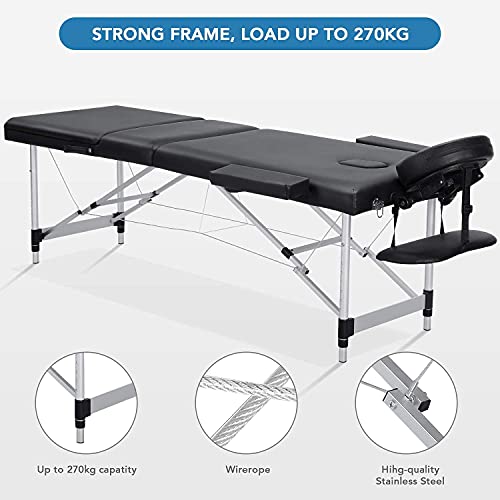 Camilla de Masaje para SPA, Cama de Masaje, Plegable, 3 Secciones, de Aluminio, Patas Plegables, portátil, con Agujero para la Cara, Bolsa de Transporte, Respaldo y Altura Ajustable