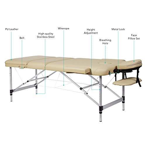 Camilla de masaje, plegable, altura regulable, 3 zonas, patas de aluminio con piel sintética prémium y espuma multicapa beige de alta densidad 14,5 kg (capacidad de carga 270 kg)