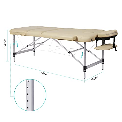 Camilla de masaje, plegable, altura regulable, 3 zonas, patas de aluminio con piel sintética prémium y espuma multicapa beige de alta densidad 14,5 kg (capacidad de carga 270 kg)