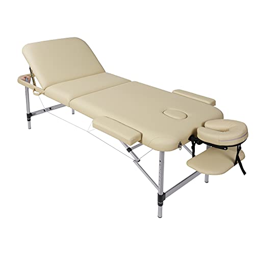Camilla de masaje, plegable, altura regulable, 3 zonas, patas de aluminio con piel sintética prémium y espuma multicapa beige de alta densidad 14,5 kg (capacidad de carga 270 kg)