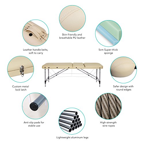 Camilla de masaje, plegable, altura regulable, 3 zonas, patas de aluminio con piel sintética prémium y espuma multicapa beige de alta densidad 14,5 kg (capacidad de carga 270 kg)