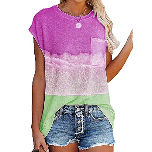 Camiseta con Bolsillo De Manga Corta con Hombros CaíDos Y Cuello Redondo Estampada Informal De Verano para Mujer