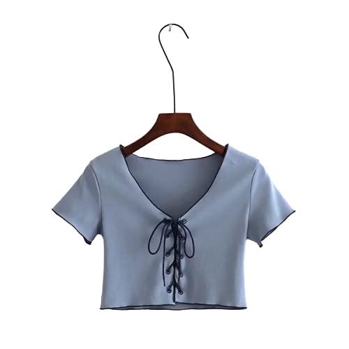 Camiseta de Manga Corta con Cuello en V para Mujer Sexy Color sólido Tendencia Personalidad Diseño de Vendaje Daily Wild Fashion Short Top L