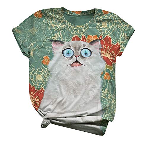 Camiseta para Mujer Mujeres Moda Cuello Redondo Manga Corta Lindo Animal Manga Corta Tops Suelto Algodón Sweatshirt Moda y Comodo YANFANGSWhite